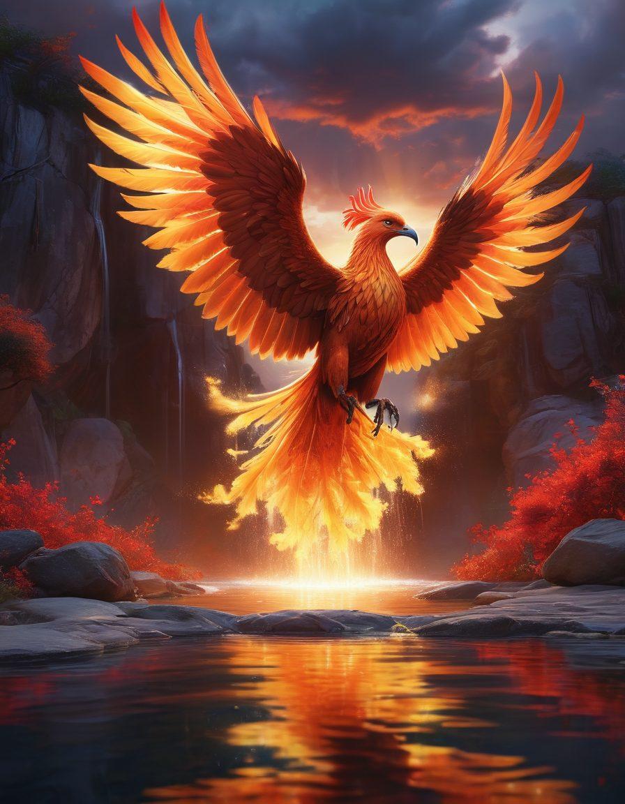 An illustration of a phoenix rising from ashes, symbolizing transformation and resilience, surrounded by rays of sunlight breaking through dark clouds. Include a serene landscape in the background with blooming flowers and a gentle waterfall to evoke tranquility. The scene should convey a sense of hope and strength as it transitions from the darkness of sadness to the light of mental wellness. vibrant colors. super-realistic.