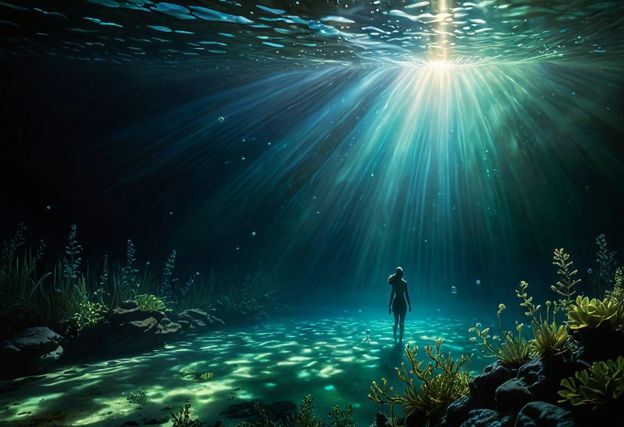 A serene underwater scene depicting a lone figure gracefully swimming through the depths, surrounded by soft, luminescent fish symbolizing hope. Bubbles rise gently, creating a calming atmosphere, while shadows play on the ocean floor representing the layers of sadness. A subtle light breaks through the surface, indicating positivity and emotional wellbeing. super-realistic. calming blues and greens. ethereal lighting.